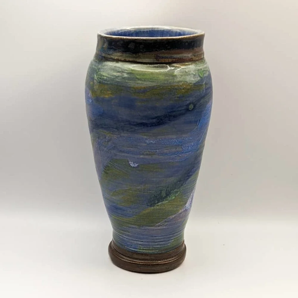 Vintage Studio Pottery Vase with Blues Teals Greens Signed Cynthia Young